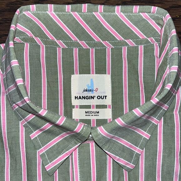 Johnnie-O Mens Olive Green Pink Stripe Button Down Hanging out Shirt LS - Picture 6 of 8